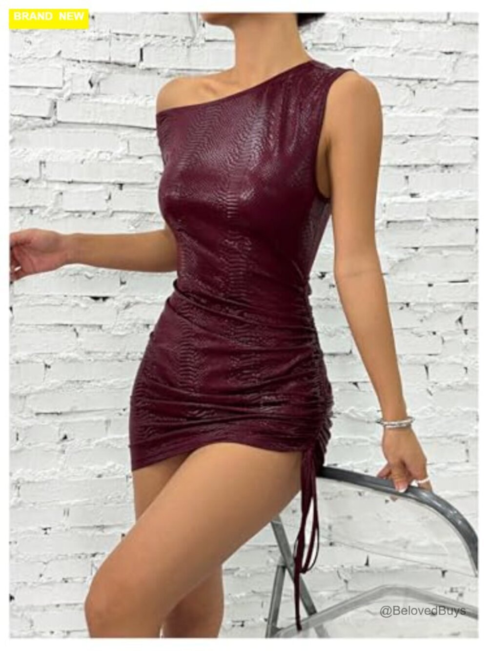 Off Shoulder Pu Leather Mini Dress Sexy Drawstring Ruched Club Dress - Picture 4 of 6